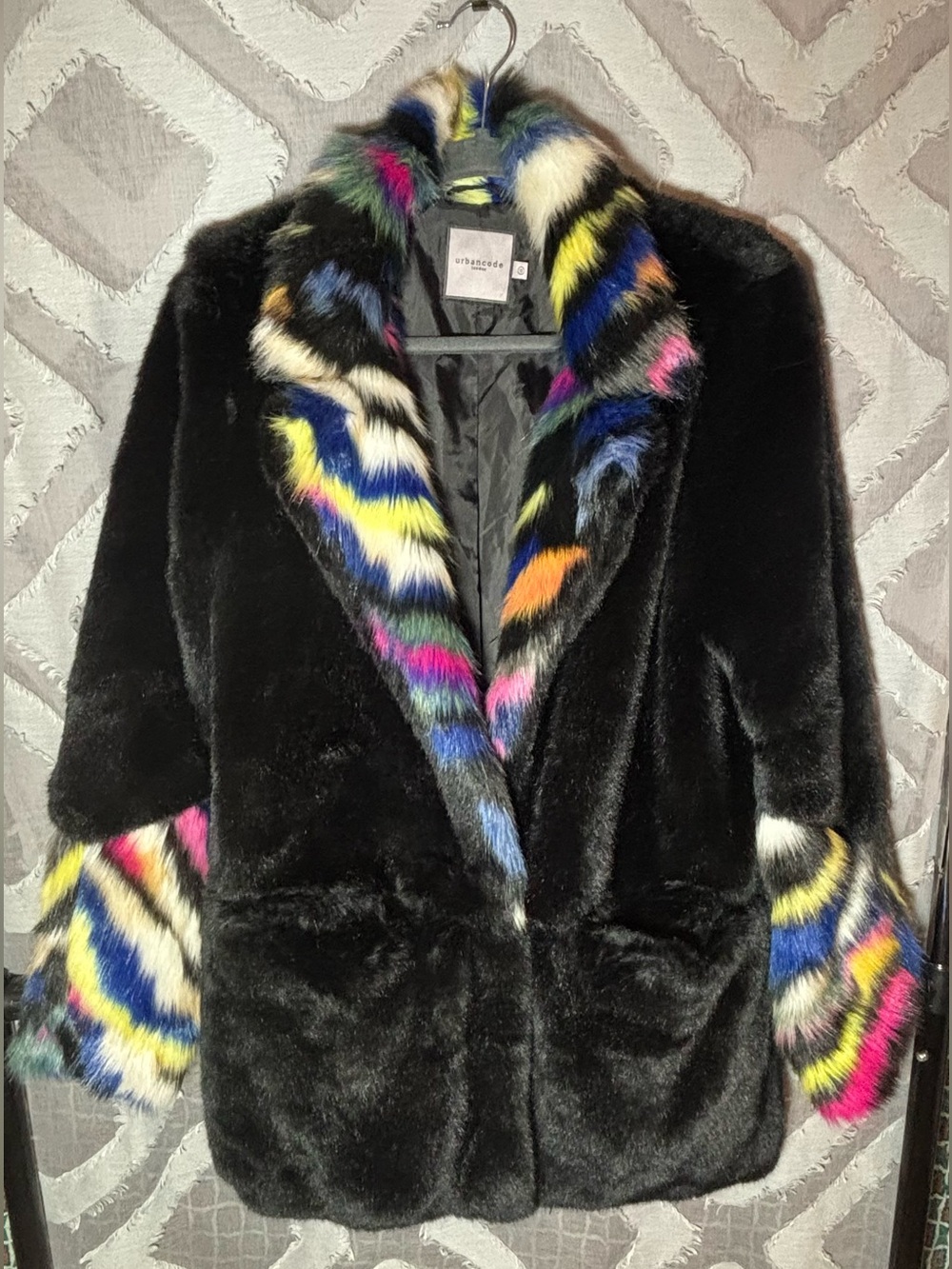 Urbancode London Black Faux Fur Statement Coat Rainbow Neon Trim Size UK 10/US 6